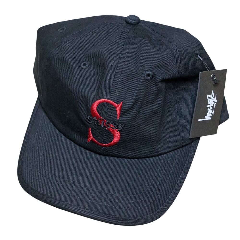 Stussy Adult "S" Times Black Hat Cap Adjustable Strap Red Logo